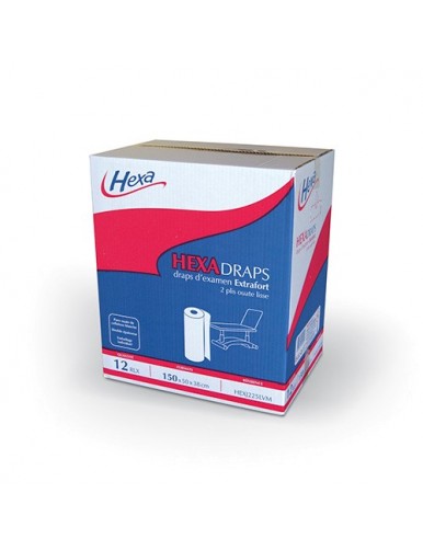 Drap d'examen médical 50 X 38 cm extrafort ouate lisse - HEXA - Blanc - Carton de 12 rouleaux.